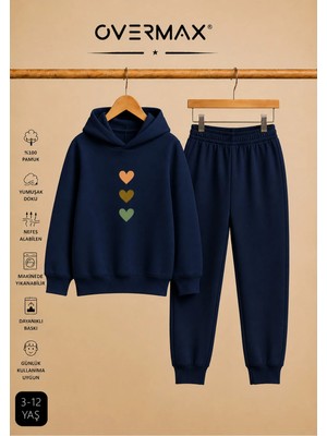 Overmax Çocuk Sevimli Kalpler Baskılı Kapüşonlu Sweatshirt & Eşofman Altı Takım – 3-12 Yaş