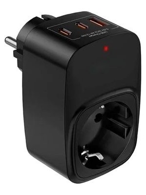 Adalı Store Tekli Yüksek Voltaj Korumalı Duvar Prizi 2x Type-C 1x USB Çıkışlı Priz Grup Priz Çoğaltıcı Siyah