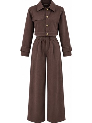 Laluvia Kahverengi Kot Crop Ceket Pantolon Takım - 2Y51244