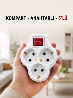 Adalı Store Anahtarlı 3’lü Priz Çoğaltıcı Kablosuz Duvar Tipi Topraklı Priz Çoklayıcı