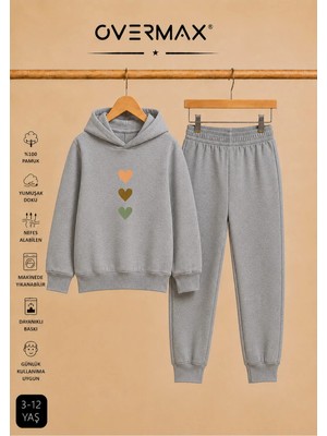 Overmax Çocuk Sevimli Kalpler Baskılı Kapüşonlu Sweatshirt & Eşofman Altı Takım – 3-12 Yaş