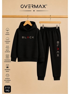 Overmax Çocuk Kapüşonlu Black Baskılı Eşofman Takımı– 3-12 Yaş