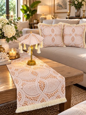Missidea Lace Elegance Dantel Desenli Dekoratif Masa Üstü Lambası Bali Şemsiyesi Seti – Şemsiye + Runner + 2’li Kırlent Kılıfı