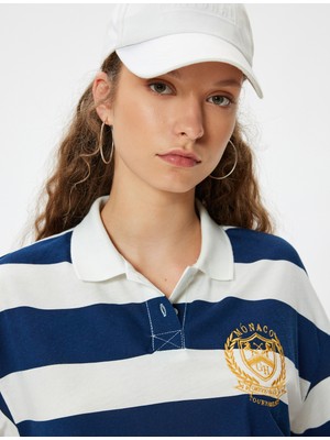 Koton Polo Yaka Tişört Oversize Crop Kolej Işlemeli Renk Bloklu Kısa Kollu