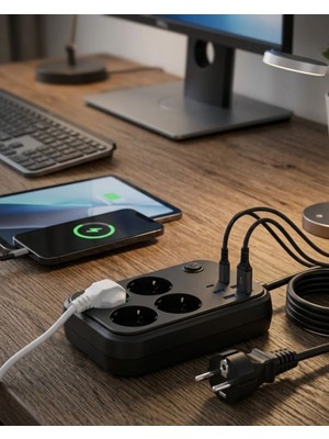 Adalı Store Çoklu Priz ve USB Şarj Ünitesi 4 Soket 2 Type C Güvenli Enerji Yönetimi