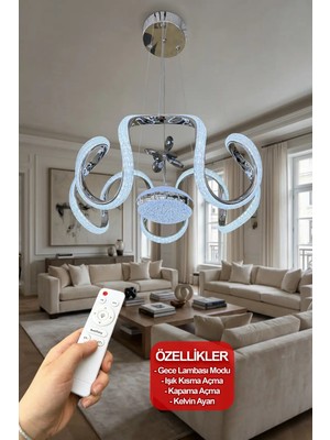 Reel Avize Büyük Badem LED Avize Çif Yönlü Top Kristal Silikonlu - 3 Renk Kumandalı