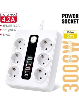 Adalı Store Vothoon HP-H04 3000W 10AMPER 6’lı 2metre Uzatma Kablolu Çoklu Termal Akım Priz