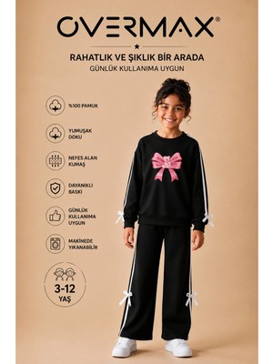 Overmax Kız Çocuk Şerit ve Fiyonk Detaylı Ayıcıklı Pembe Kurdele Baskılı Eşofman Takımı – 3-12 Yaş