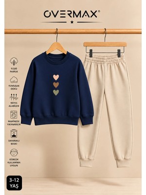 Overmax Çocuk Eşofman Takımı – Sevimli Kalpler Baskılı Sweatshirt & Eşofman Altı