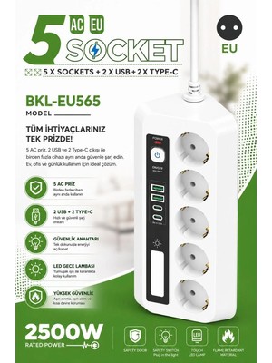 Adalı Store 5’li Akım Korumalı Priz 2500W | 2 USB + 2 Type-C Hızlı Şarj | LED Gece Lambalı | Dokunmatik Beyaz