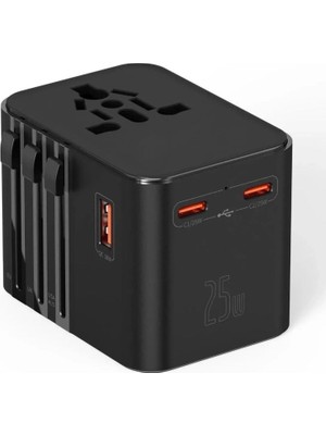 Adalı Store 25W Evrensel Seyahat Adaptörü, Eu/us/uk/au Priz Dönüştürücü, 1x Usb, 2x Type-C Hızlı Şarj