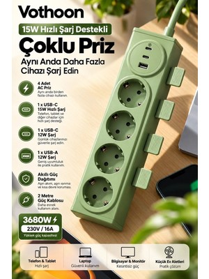 Adalı Store 4’lü Akıllı Priz Tek Dokunuşla Fiş Çıkarma 2 Metre Kablo 2 Type-C + USB 15W Hızlı Şarj 3680W