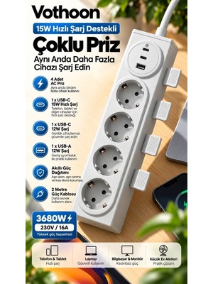 Adalı Store 4’lü Akıllı Priz Tek Dokunuşla Fiş Çıkarma 2 Metre Kablo 2 Type-C + USB 15W Hızlı Şarj 3680W Krem