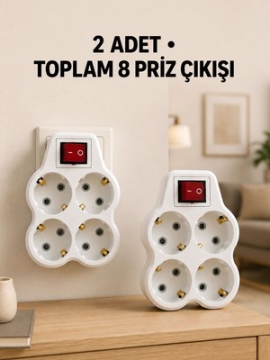 Adalı Store 4’lü Priz Çoğaltıcı 2 Adet Set Kablosuz Duvar Tipi Anahtarlı Priz Çoklayıcı