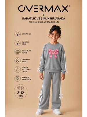 Overmax Kız Çocuk Şerit ve Fiyonk Detaylı Ayıcıklı Pembe Kurdele Baskılı Eşofman Takımı – 3-12 Yaş