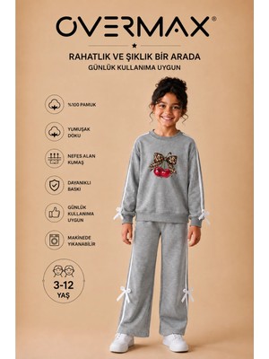 Overmax Kız Çocuk Şerit ve Fiyonk Detaylı Leopar Cherry Baskılı Eşofman Takımı – 3-12 Yaş