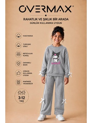 Overmax Kız Çocuk Şerit ve Fiyonk Detaylı Kuromi Baskılı Eşofman Takımı – 3-12 Yaş