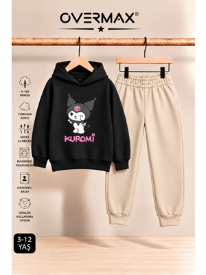 Overmax Kuromi Baskılı Kız Çocuk Kapüşonlu Sweatshirt & Eşofman Takımı- 3-12 Yaş