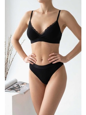 Kadın Siyah Fitilli Dantelli Bralet Takımı — Beden: M