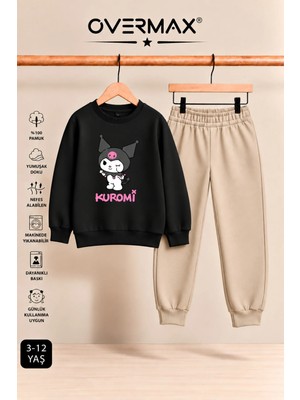 Overmax Kuromi Baskılı Kız Çocuk Kapüşonsuz Sweatshirt & Eşofman Takımı- 3-12 Yaş