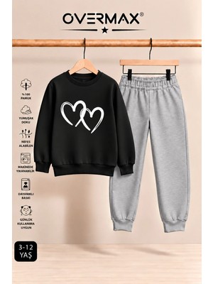 Overmax Çift Kalp Baskılı Çocuk Kapüşonsuz Sweatshirt Eşofman Takımı – 3-12 Yaş