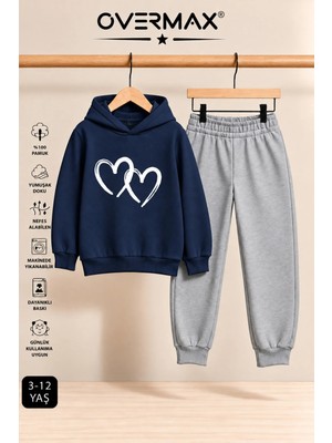 Overmax Çift Kalp Baskılı Çocuk Kapüşonlu Sweatshirt Eşofman Takımı – 3-12 Yaş