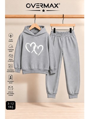 Overmax Çift Kalp Baskılı Çocuk Kapüşonlu Sweatshirt Eşofman Takımı – 3-12 Yaş