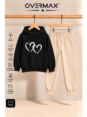 Overmax Çift Kalp Baskılı Çocuk Kapüşonlu Sweatshirt Eşofman Takımı – 3-12 Yaş