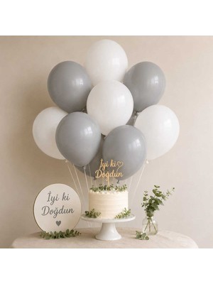 Partixa Beyaz & Gri Balon Seti 10'lu – 5 Beyaz 5 Gri Doğum Günü Latex Parti Balonu