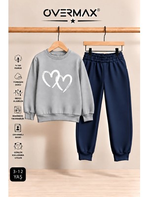 Overmax Çift Kalp Baskılı Çocuk Kapüşonsuz Sweatshirt Eşofman Takımı – 3-12 Yaş