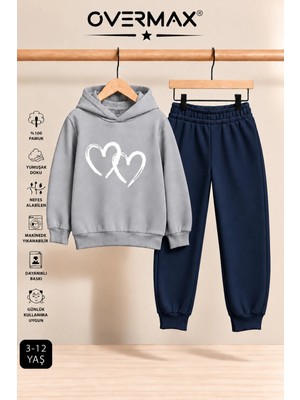 Overmax Çift Kalp Baskılı Çocuk Kapüşonlu Sweatshirt Eşofman Takımı – 3-12 Yaş
