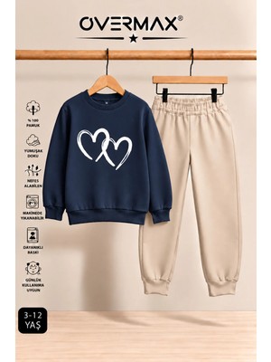 Overmax Çift Kalp Baskılı Çocuk Kapüşonsuz Sweatshirt Eşofman Takımı – 3-12 Yaş