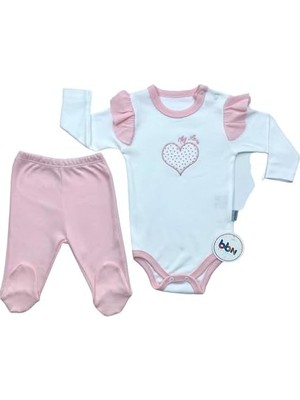 Str Store Mebs Clothing Pembe Body Takımı, Kalp Nakışlı, Çıtçıtlı, Uzun Kollu Body Takımı