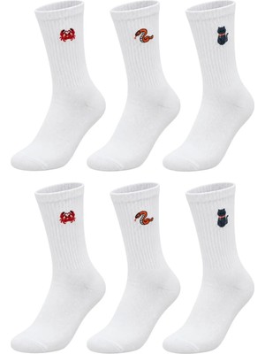 Mabelme Store Unisex Çorap Beyaz Hayvan Nakışlı 6'lı Set Yengeç Yılan Kedi Desenli Uzun Soket Günlük Spor Çorabı
