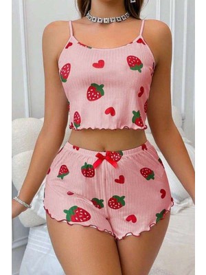 Bin1çeşit Çilek Desenli Crop Askılı Şort Yazlık Pijama Takımı Ryl - S-49 — Beden: L-Xl