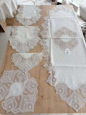Bin1çeşit Salon Takımı Çeyizlik Runner Set 5 Parça Keten Ranır Masa Konsol Sehpa Örtüsü Kartanesi