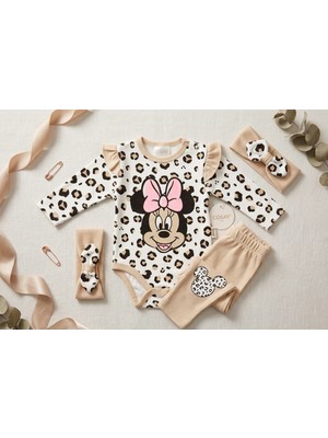 Elçi Cosay Baby Leopar Desenli Minnie Mouse Figürlü Fırfırlı 3'lü Kız Bebek Kombin Seti ve Saç Bandı