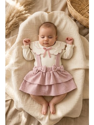 Mini Cayzen Baby Kız Bebek Pembe Müslin Salopet Etek ve Fisto Yakalı Body Kombini - Vintage Stil Şık Bebek Takımı