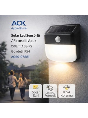 Ack Solar LED Sensörlü / Fotoselli Aplik 150LM Abs+Ps Gövdeli IP54 AG60-07881