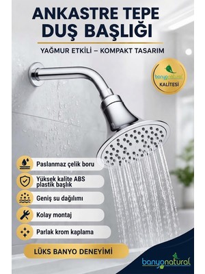 Banyonatural Ankastre Tepe Duş Başlığı ve Borusu Duvardan Gömmeli Yağmur Etkili Duş Seti Krom