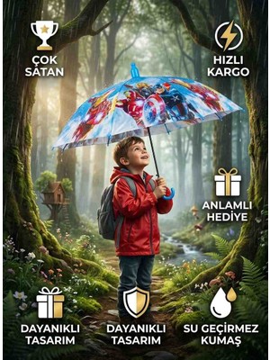 Poyraz Ticaret 4848(DÜDÜK Hediyeli) 72 cm Desenli Kalın Telli Çocuk Şemsiyesi Kış Sonbahar Moda Tarz Trend
