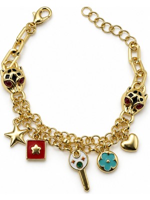 Stelle Jewelry Kadın Altın Renk Panter Figürlü Charm Bileklik 20 cm Renkli Sallantılı Aksesuarlı Bileklik