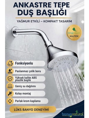 Banyonatural Fonksiyonlu Ankastre Tepe Duş Başlığı ve Borusu Duvardan Gömmeli Yağmur Etkili Duş Seti Krom