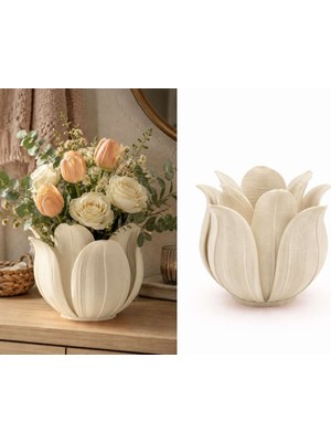 Bin1çeşit 3D Baskı Lotus Yapraklı Vazo - Dekoratif Çiçeklik-Bej