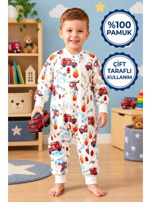 Mini Kiti Elyafsız Organik Kışlık Uzun Kollu Çift Kat %100 Pamuk Pazen Itfaiye Çocuk Bebek Uyku Tulumu
