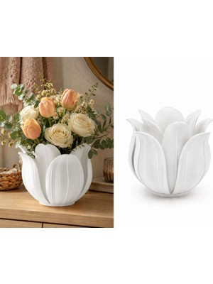 Bin1çeşit 3D Baskı Lotus Yapraklı Vazo - Dekoratif Çiçeklik-Beyaz