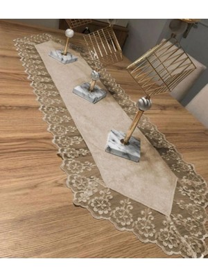 Bin1çeşit Kadife Dantel Detaylı Runner (140X40CM) Kahve