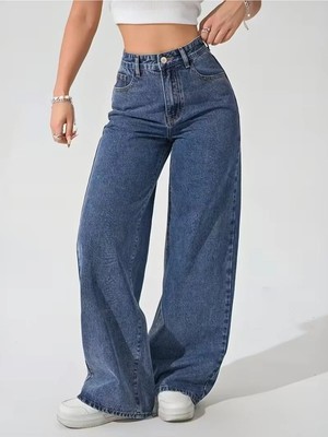 Beeke Lalin Kadın Jeans Salaş Rahat Yüksek Bel Bol Paça Likralı Wide Leg Jean Palazzo Kot Pantolon