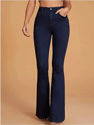 Beeke Kadın Siyah Likralı Esnek Yüksek Bel Ispanyol Paça Jeans Denim Kot Pantolon