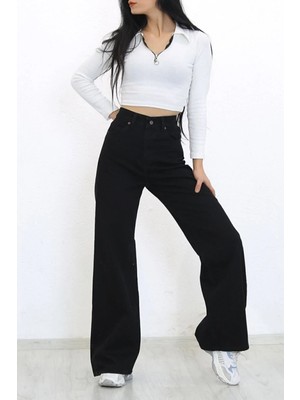 Beeke Kadın Salaş Solmayan Siyah Süper Yüksek Bel 90's Wide Leg Comfort Likralı Palazzo Jeans